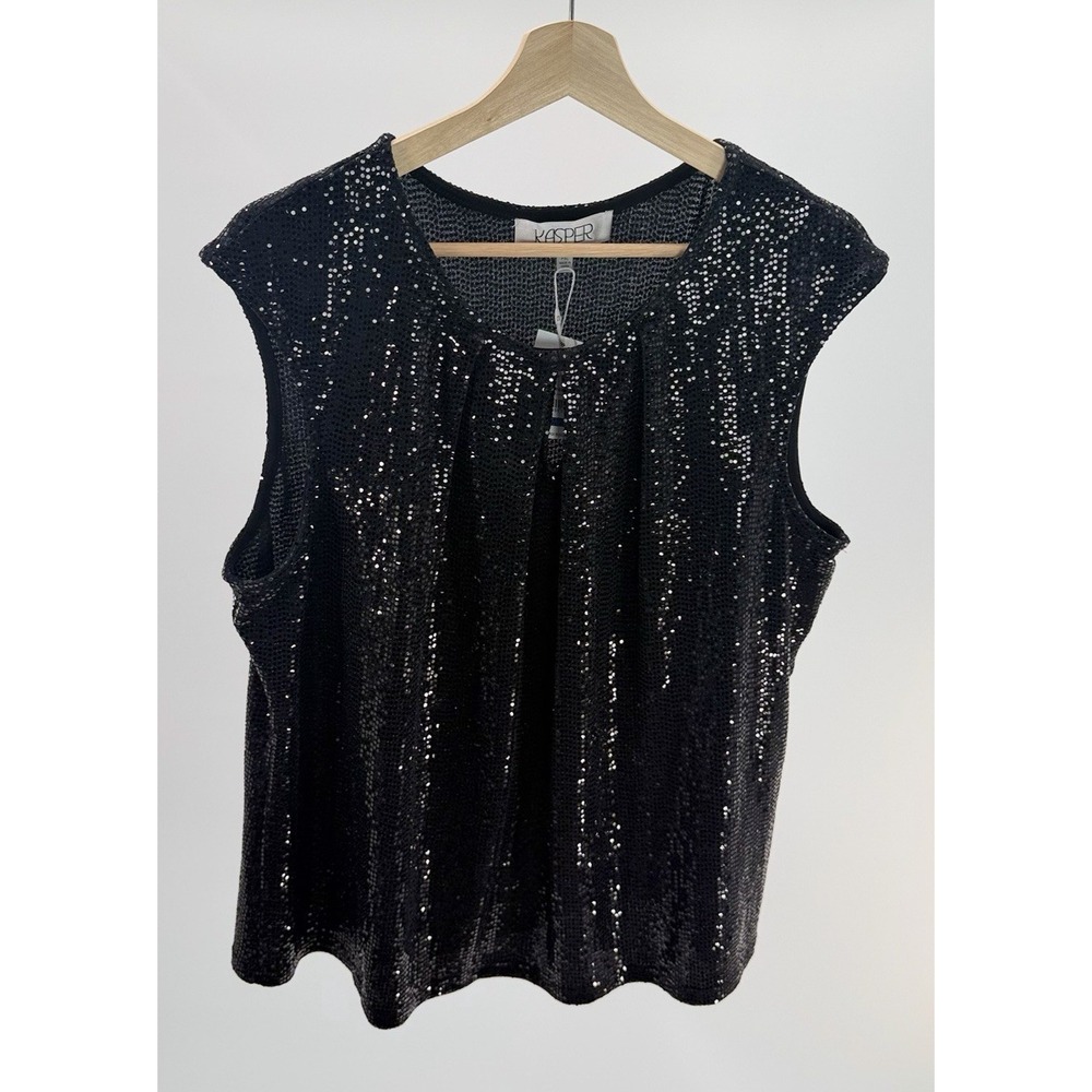 Kasper Women Black Mirror Dot Front Keyhole Sleeveless Top Blouse Petite PXL